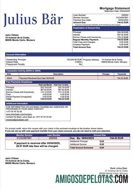 em branco Monaco Bank Julius Baer Declaração de hipoteca Word e modelo PDF